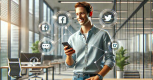 A smiling man in a modern office uses his smartphone, surrounded by floating social media icons representing Facebook, Twitter, Instagram, and messaging apps.