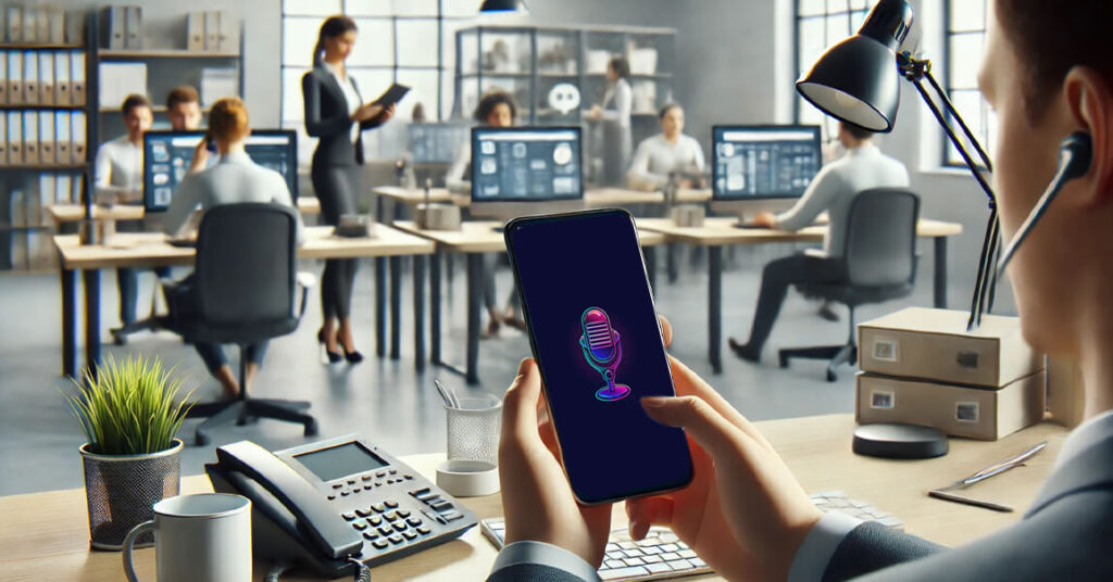 A professional office environment with employees working at their desks, engaging in discussions, and using computers. In the foreground, a man wearing an earpiece holds a smartphone displaying a neon microphone icon, indicating a voice assistant or voice command feature. A desk phone, a plant, and office supplies are visible on his desk.