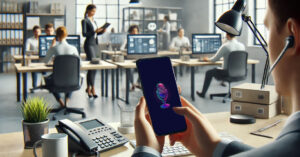 A professional office environment with employees working at their desks, engaging in discussions, and using computers. In the foreground, a man wearing an earpiece holds a smartphone displaying a neon microphone icon, indicating a voice assistant or voice command feature. A desk phone, a plant, and office supplies are visible on his desk.