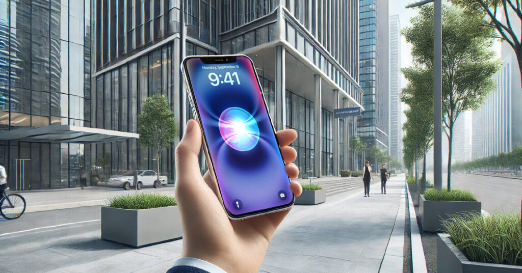 A hand holding a smartphone with a glowing voice assistant interface, against the backdrop of a modern city street with tall glass buildings and pedestrians.