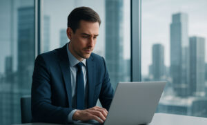 A businessman in a dark suit working intently on a laptop in a modern high-rise office with large windows overlooking a city skyline.