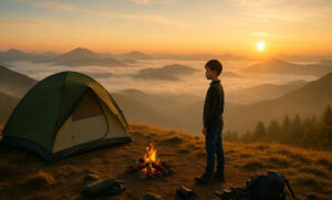 A young boy standing near a campfire and green tent on a mountain ridge at sunrise, surrounded by misty valleys and layered mountain peaks, with camping gear scattered nearby.