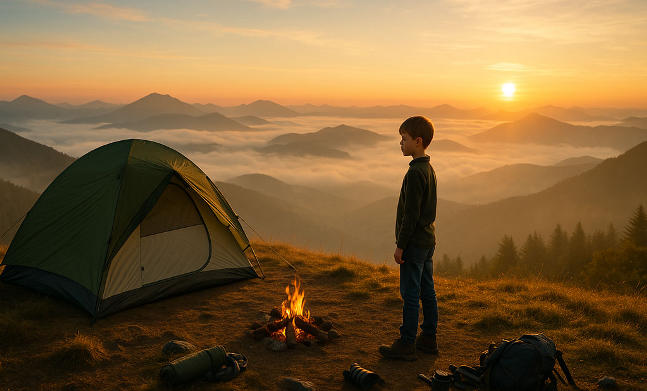 A young boy standing near a campfire and green tent on a mountain ridge at sunrise, surrounded by misty valleys and layered mountain peaks, with camping gear scattered nearby.