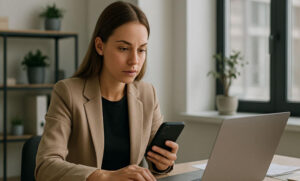 A focused woman in business attire sitting at a desk, using a smartphone while working on a laptop in a modern office with natural light and potted plants.