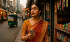 A woman in a traditional saree holding a smartphone and looking to the side while walking through a busy market street, with colorful packets displayed in a shop and a green auto-rickshaw in the background