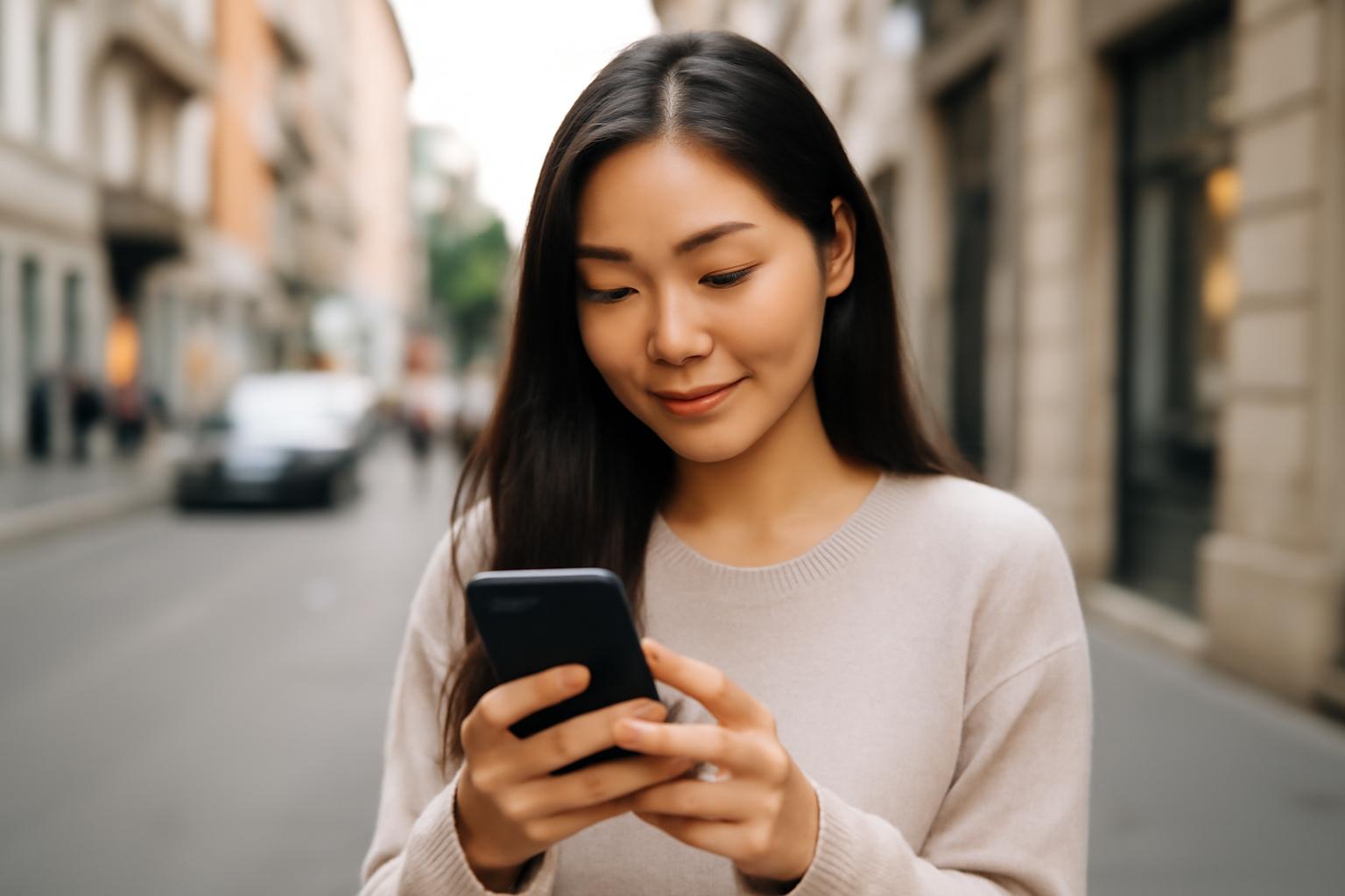 A young East Asian woman with long brown hair, wearing a beige sweater, is standing on a busy city street. She is looking at her smartphone with a relaxed smile, surrounded by pedestrians, storefronts, and trees, with soft natural lighting highlighting her features against a blurred urban background.