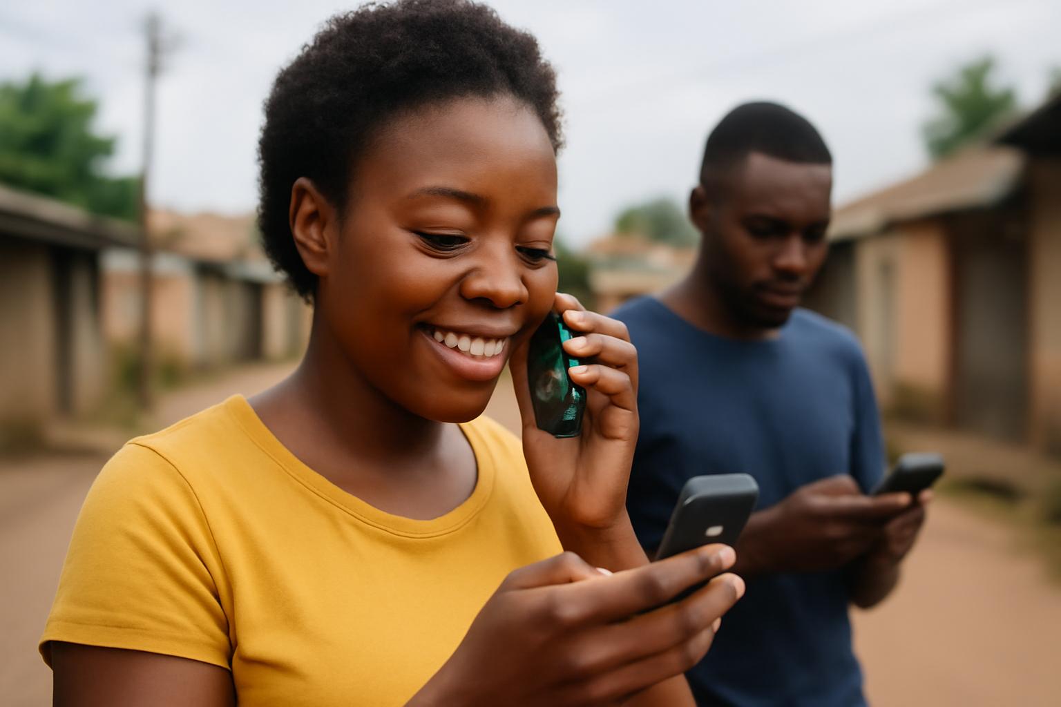 A young African woman smiling while speaking into a feature phone in an urban setting, with a man in the background absorbed in his smartphone. The scene reflects daily life, captured in warm, earthy tones, showcasing a sense of connection through mobile technology in a vibrant community.