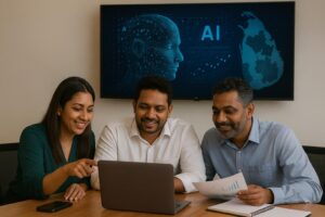 Three South Asian professionals collaborating at a wooden desk in a modern office, smiling as they review information on a laptop. A large screen behind them displays a digital AI interface with a human face outline and a map of Sri Lanka