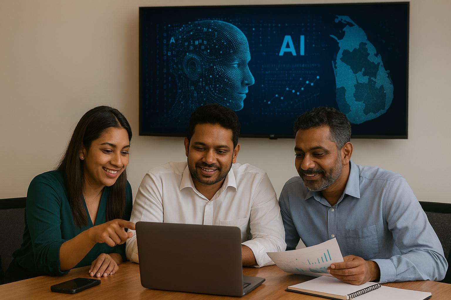 Three South Asian professionals collaborating at a wooden desk in a modern office, smiling as they review information on a laptop. A large screen behind them displays a digital AI interface with a human face outline and a map of Sri Lanka