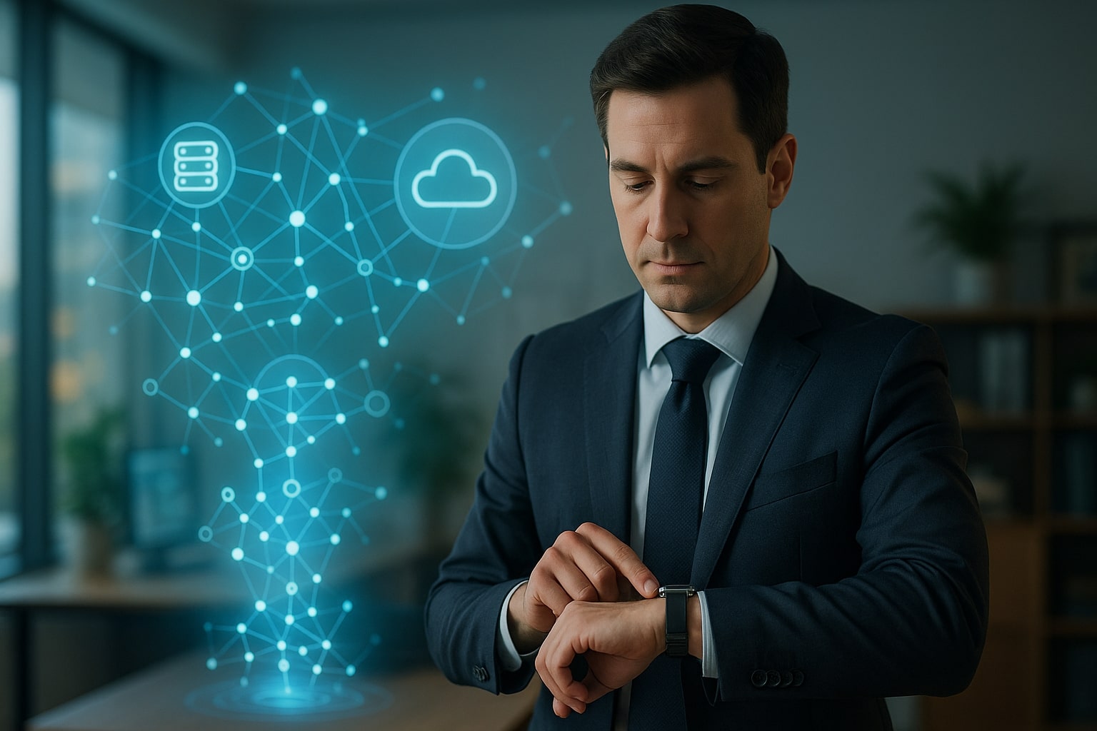 Man in a business suit interacting with a smartwatch, with a holographic cloud and data network interface floating nearby.