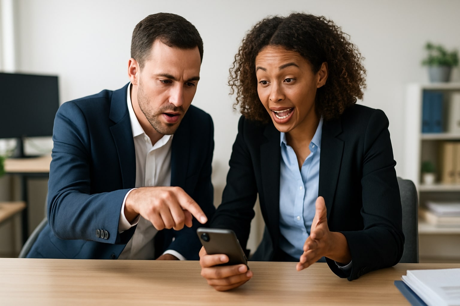 Two business professionals in suits looking surprised and excited while pointing at a smartphone screen.
