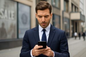 Worried businessman sitting on a bench in the city, holding his smartphone and looking stressed while resting his hand on his head