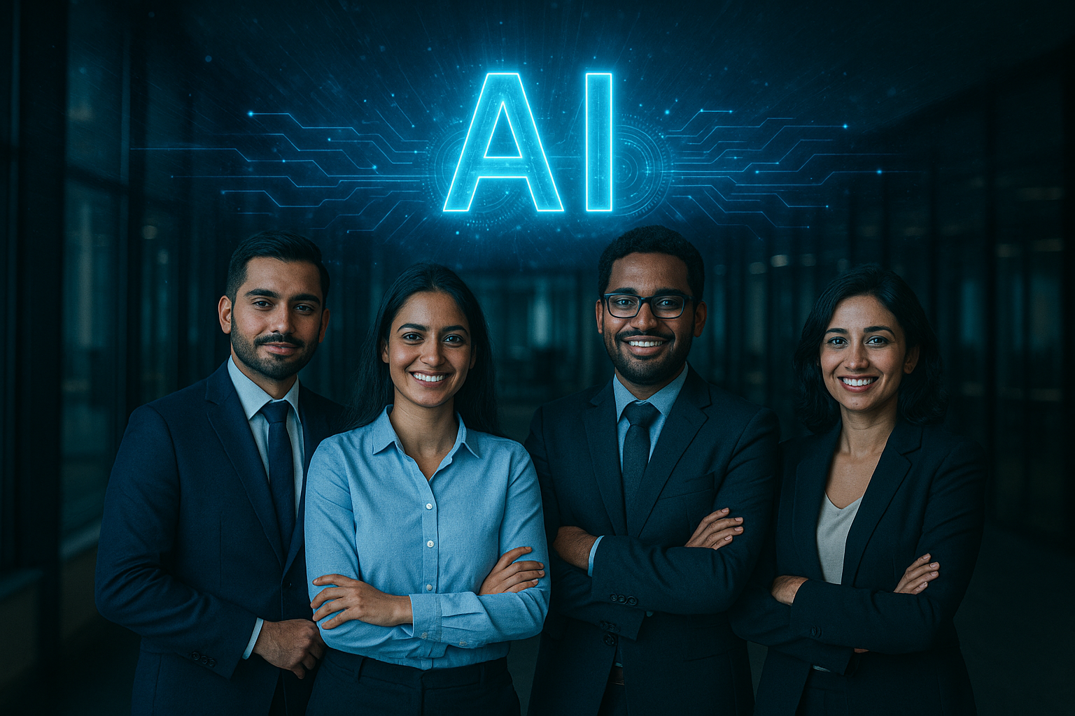 Four South Asian professionals—two men and two women—standing confidently in a modern office with laptops and desks. A glowing, holographic 'AI' floats above them, surrounded by neon-blue digital circuits and futuristic data visualizations, highlighting a high-tech, collaborative enterprise environment.