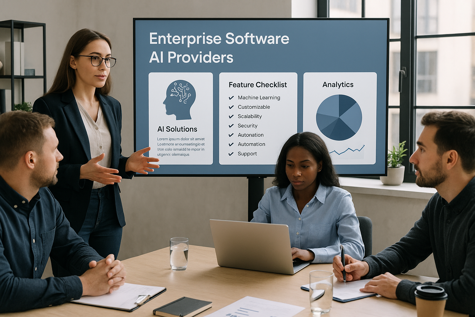 Enterprise office scene with diverse professionals collaborating over AI software dashboards and holographic interfaces, highlighting CTO-level decision-making and advanced enterprise technology