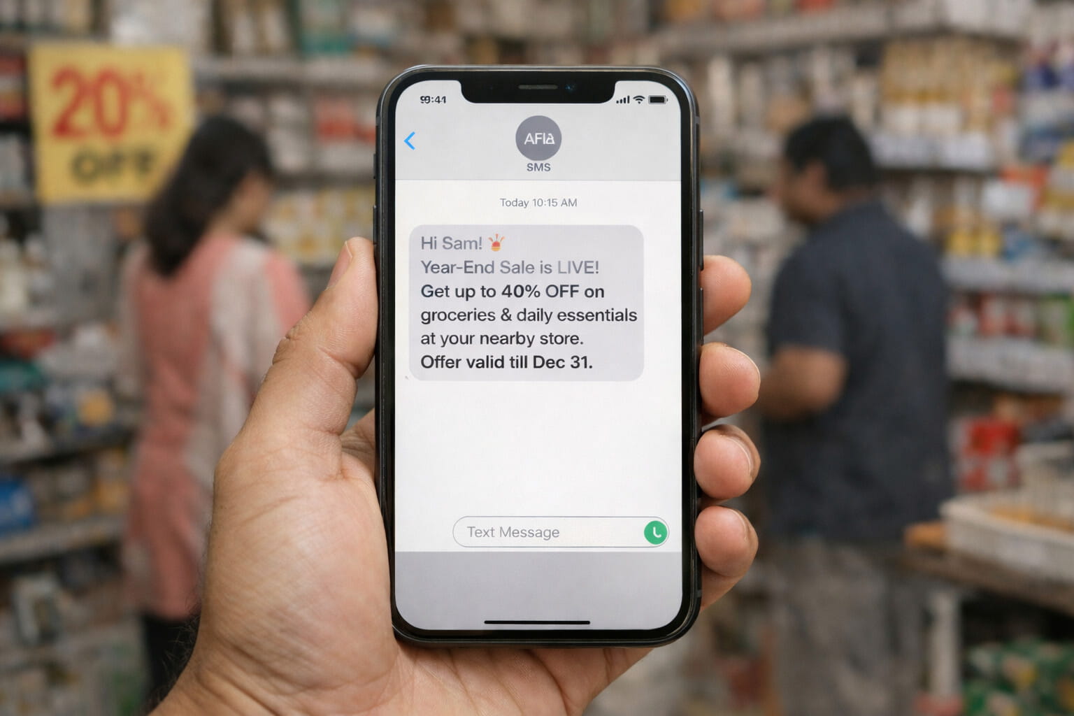 Smartphone displaying a promotional SMS offer inside a grocery store