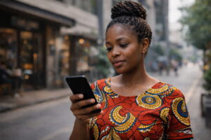 Woman reading a message on her smartphone while walking in the city