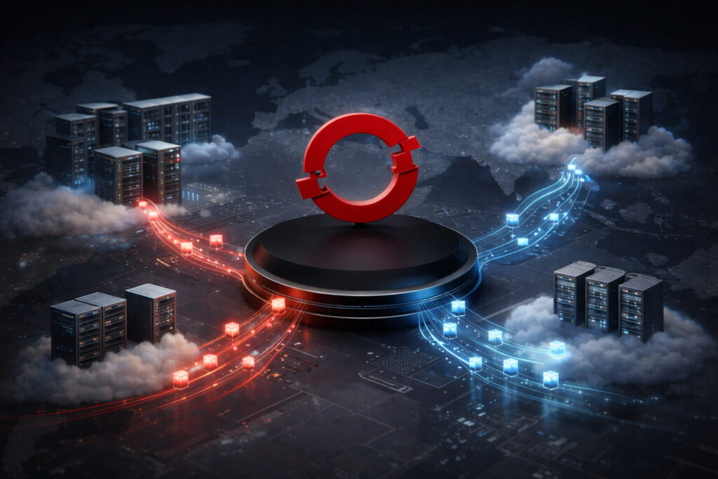 Cloud data infrastructure visualization with distributed servers and data flows