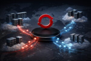 Cloud data infrastructure visualization with distributed servers and data flows