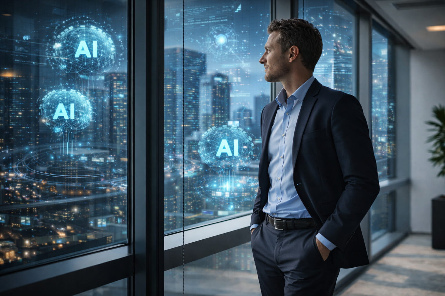 Business professional looking out over a city with floating AI icons