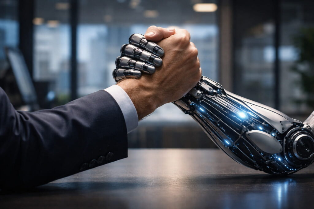 Human hand shaking a robotic hand symbolizing human–AI collaboration