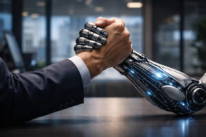 Human hand shaking a robotic hand symbolizing human–AI collaboration