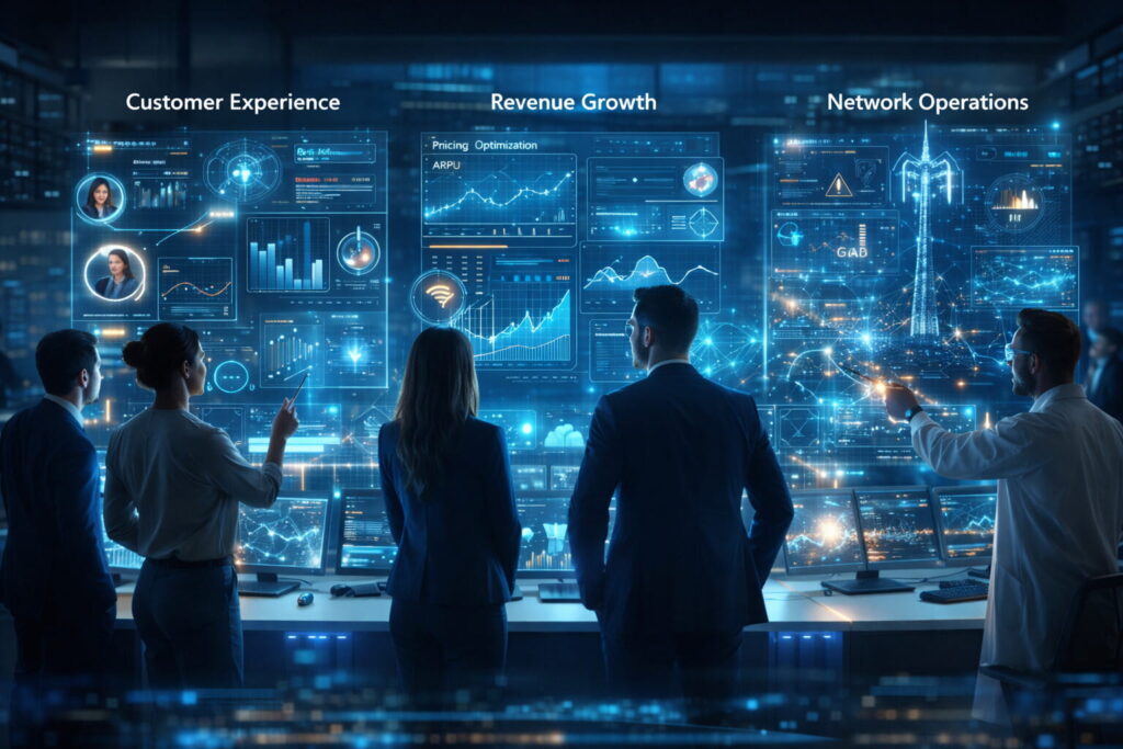 Team analyzing digital dashboards showing customer, revenue, and network data