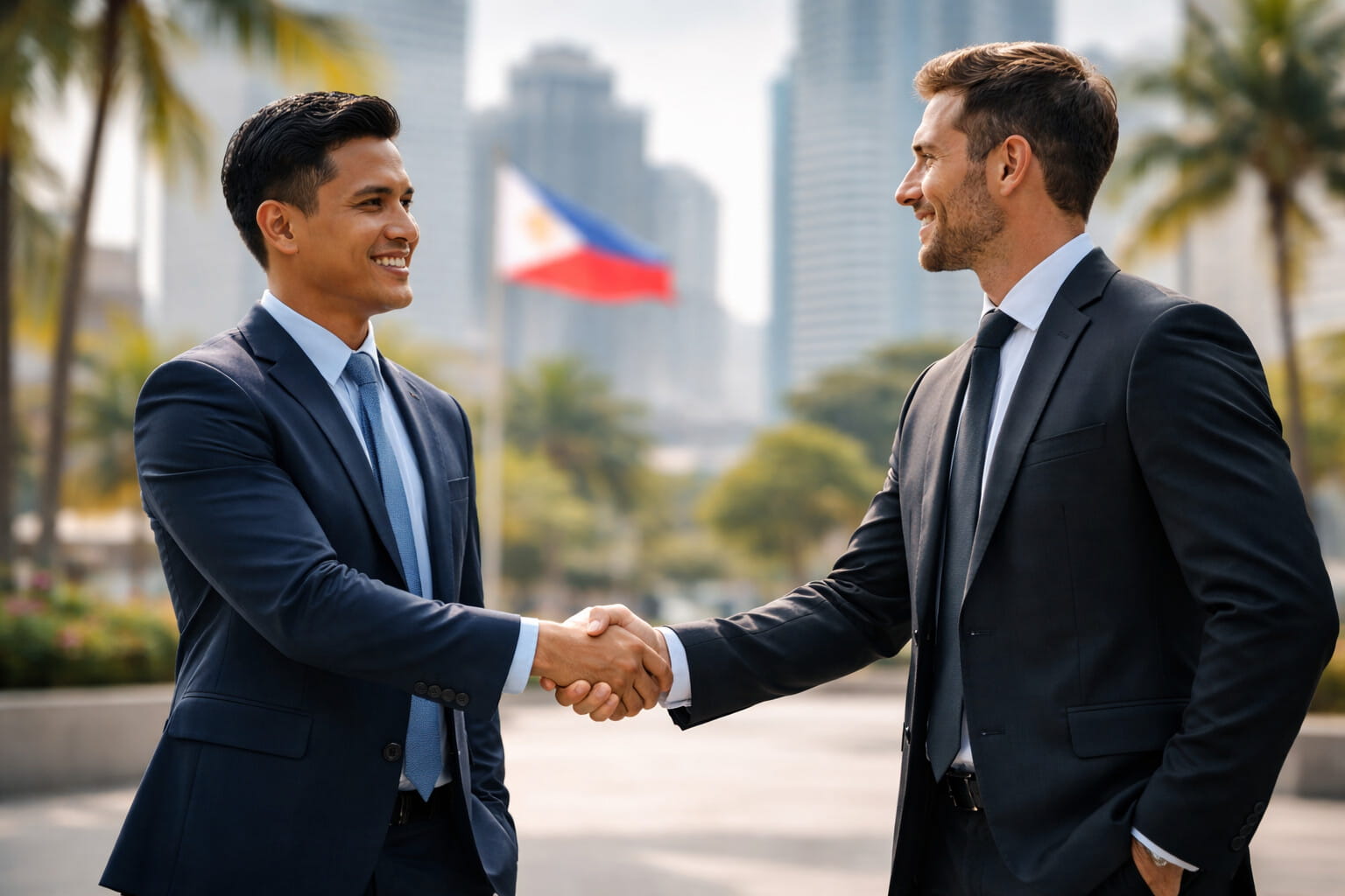 Two business professionals shaking hands outdoors with a city backdrop
