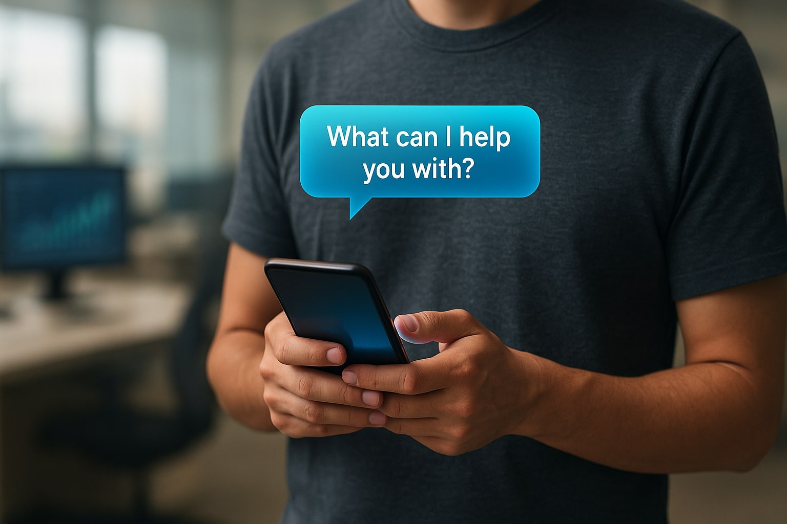 Person holding a smartphone with a chat bubble saying, "What can I help you with?