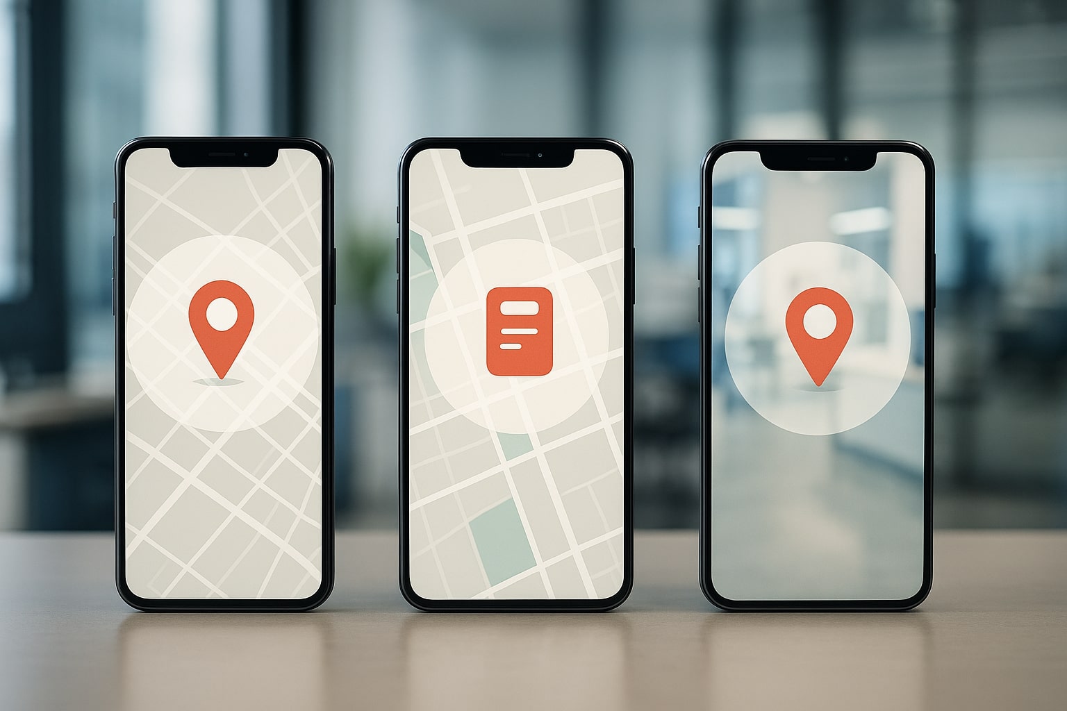 Three smartphones showing location and map icons on screen, symbolizing GPS or geolocation services.