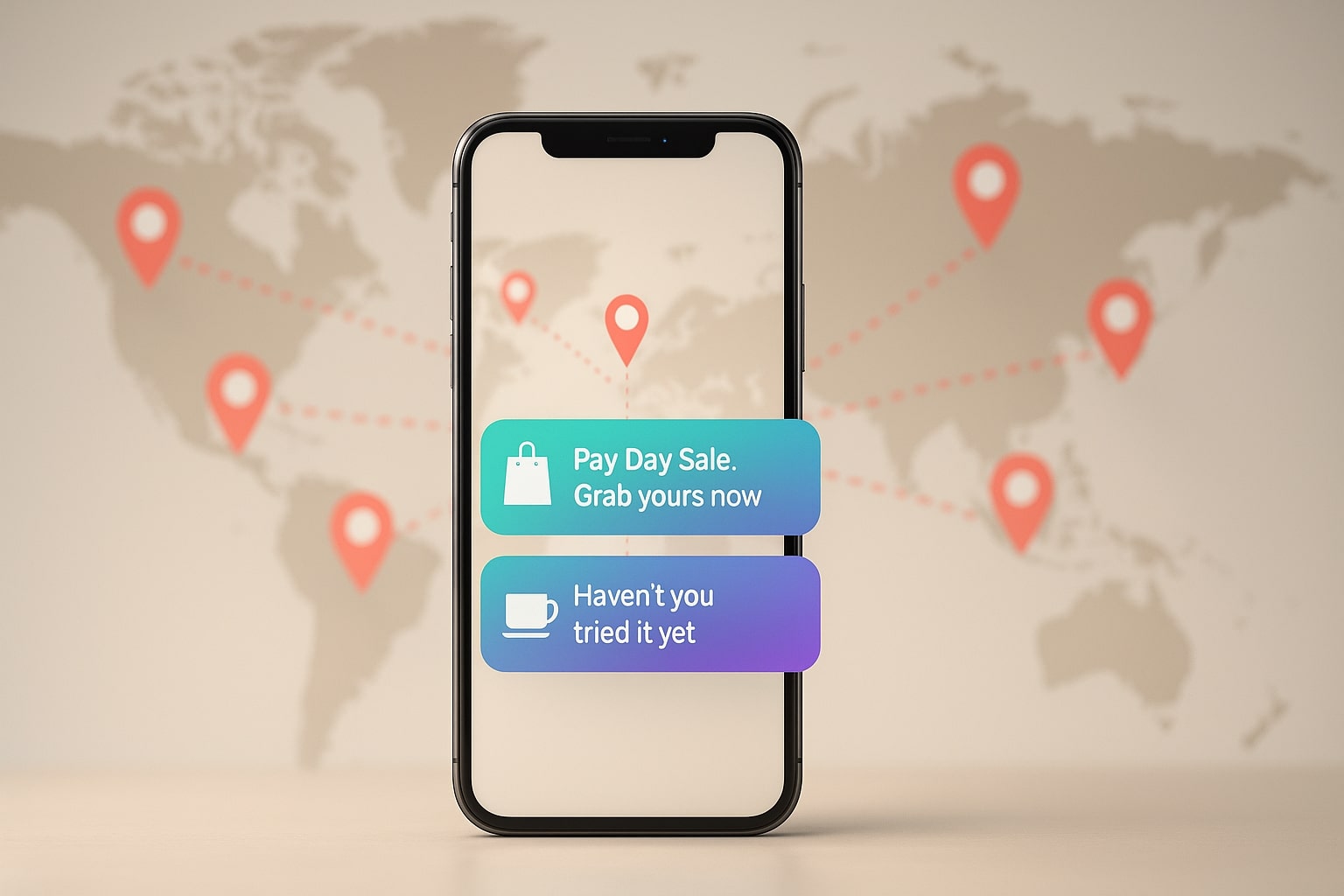 Smartphone showing shopping and cafe push notifications with a global map and location pins in the background.
