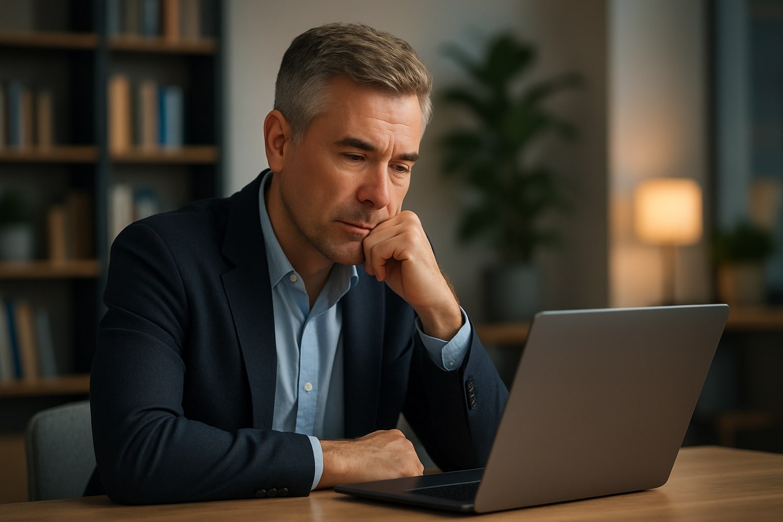 A business professional thoughtfully reviewing information on a laptop in a modern office.