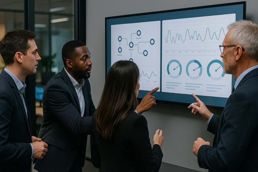 A team of professionals collaboratively analyzing data visualizations on a digital screen in a conference room.