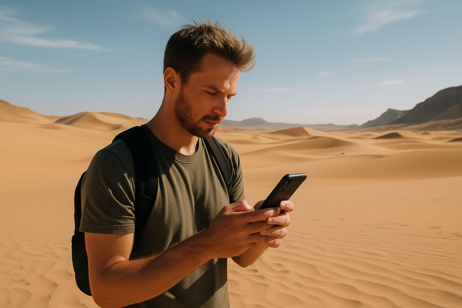A young man with short brown hair and a beard stands in a vast desert under a clear blue sky, intently using his smartphone. He wears a dark t-shirt and a backpack, with golden sand dunes and distant mountains stretching out behind him.