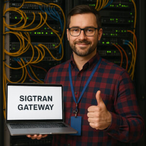 A telecommunications professional stands in front of a server rack with colorful network cables and glowing LED lights. He is wearing a red and navy plaid shirt, glasses, and a blue lanyard, holding a laptop that displays the text “SIGTRAN GATEWAY” on the screen, while giving a thumbs-up with his other hand.