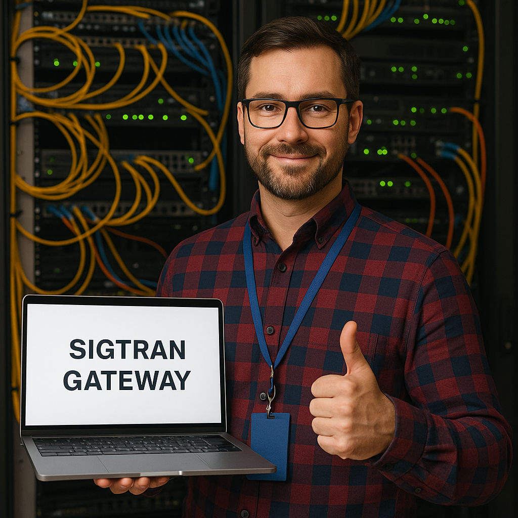 A telecommunications professional stands in front of a server rack with colorful network cables and glowing LED lights. He is wearing a red and navy plaid shirt, glasses, and a blue lanyard, holding a laptop that displays the text “SIGTRAN GATEWAY” on the screen, while giving a thumbs-up with his other hand.