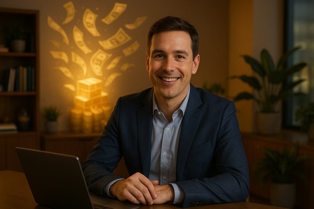 Man in a blazer smiling at his desk, with a glowing hologram of flying dollar bills and stacked coins in the background.