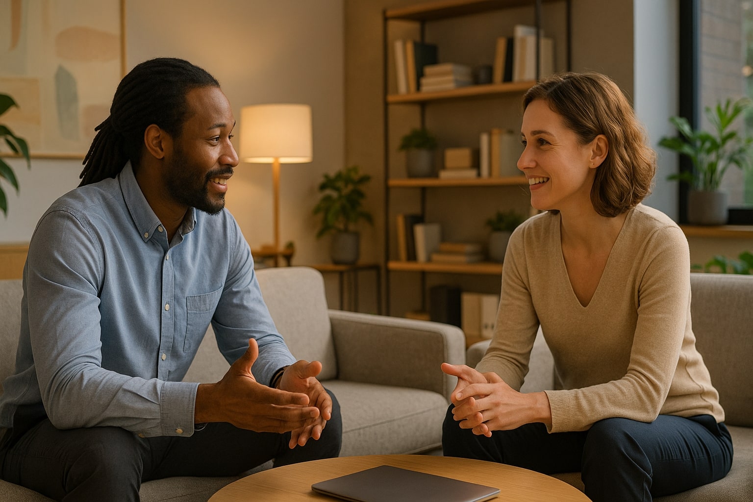 Two colleagues having a friendly discussion on a sofa in a cozy, modern office setting with bookshelves and plants.
