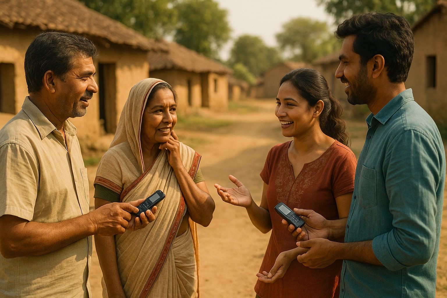 Group of rural villagers smiling and talking while holding mobile phones.