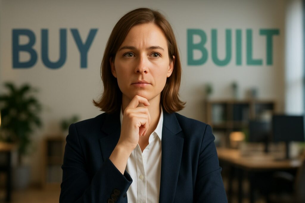Businesswoman thinking with "BUY" and "BUILT" signs in the background.