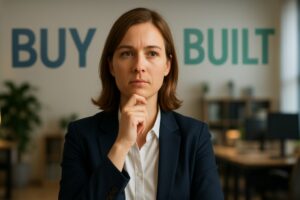 Businesswoman thinking with "BUY" and "BUILT" signs in the background.