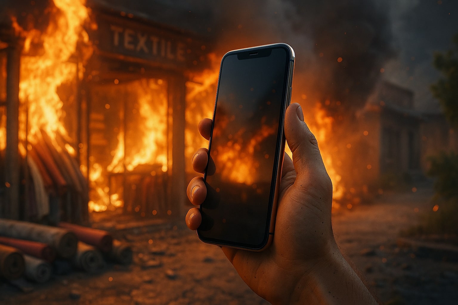 Hand holding smartphone with a textile shop burning in the background.