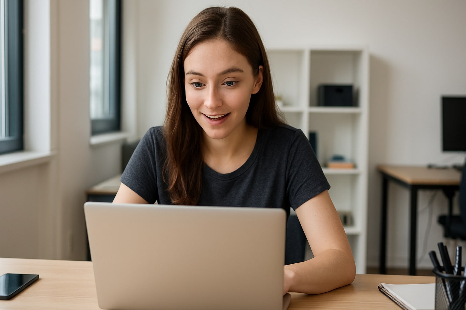 Woman smiling as she works on a laptop at a desk.