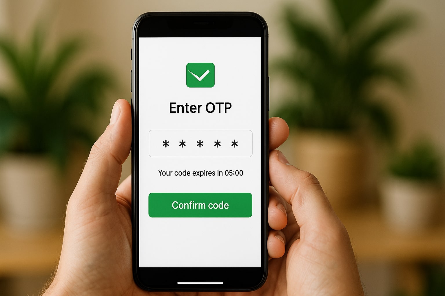 Hand holding a smartphone displaying an OTP entry field and “Confirm code” button.