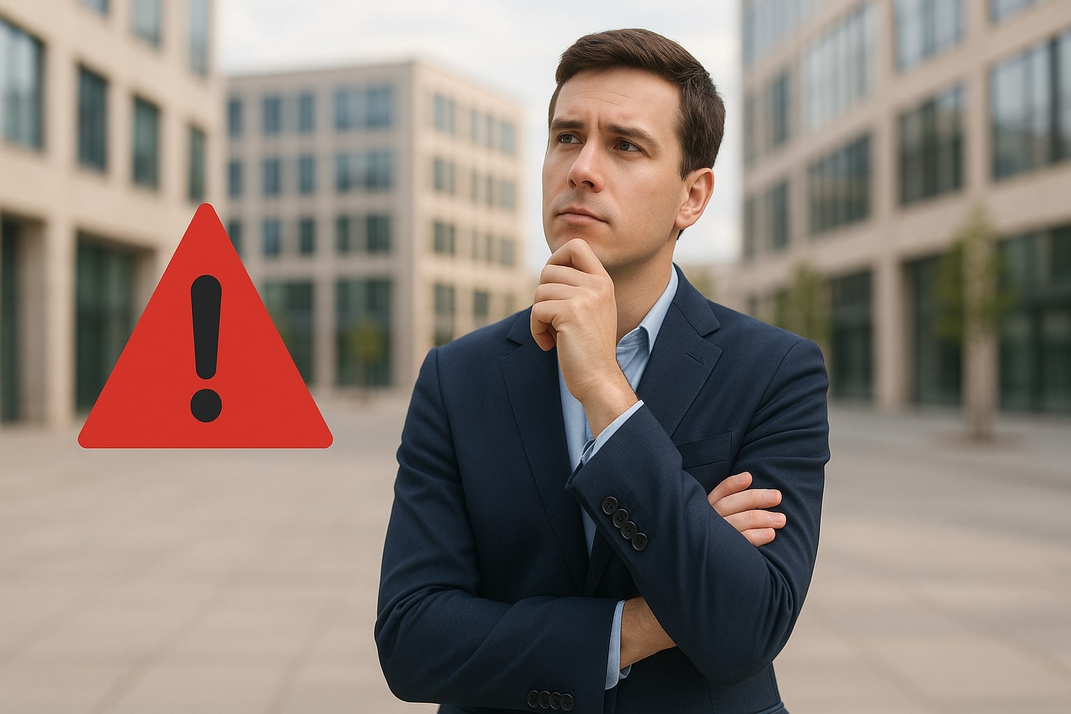 Thoughtful businessman standing outdoors beside a red warning icon.