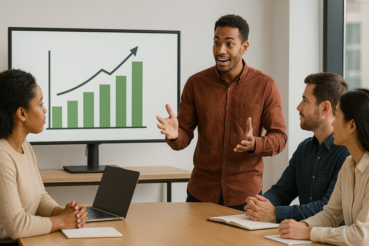 Man presenting to colleagues with an upward-trending bar chart on a screen.