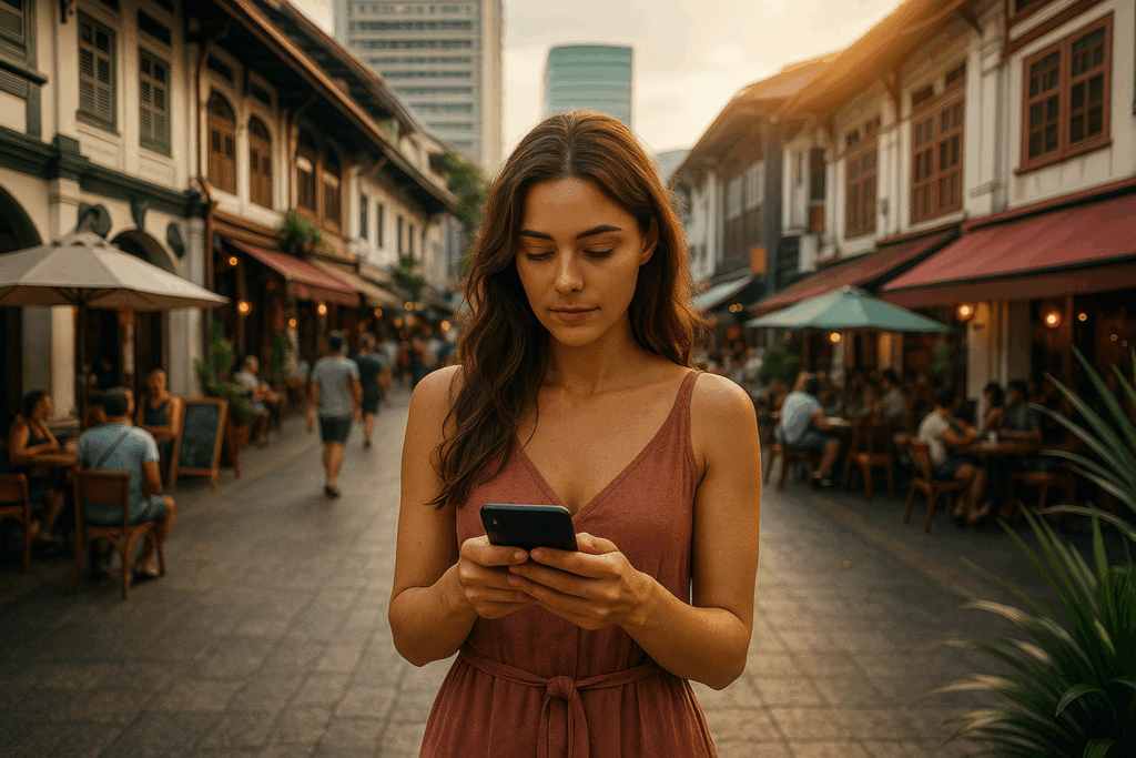 A young woman with long brown hair wearing a dusty rose dress stands alone on a vibrant pedestrian street lined with colonial-style buildings and outdoor cafés. She is focused on her smartphone, with warm late-afternoon sunlight casting a soft glow on her face and surroundings. The background features people dining and strolling, adding to the lively yet serene atmosphere.