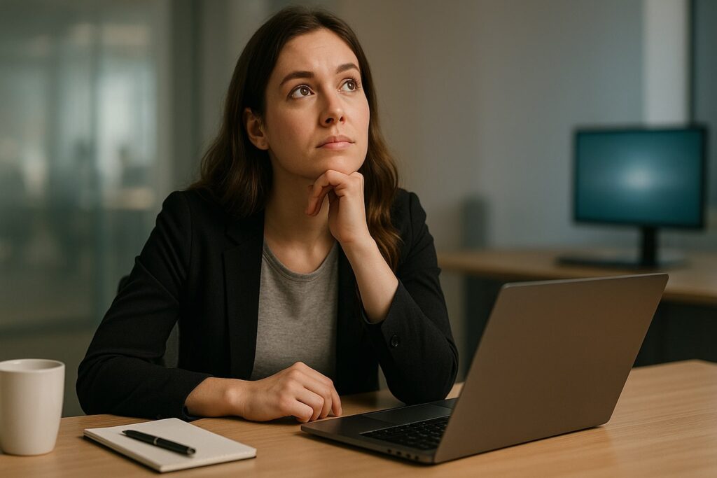 A woman in business attire sits at a desk with a laptop, looking thoughtfully into the distance.