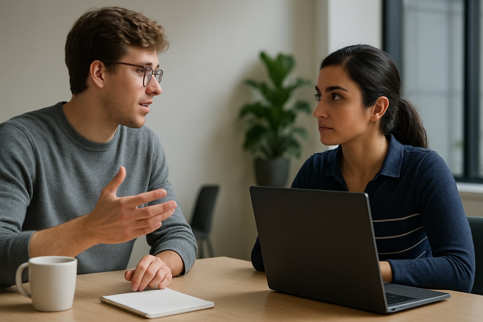 Two young professionals talk across a desk with laptops, in a bright, modern office.