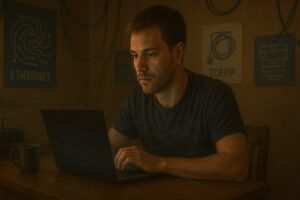 ChatGPT said: A focused young man in his late twenties works on a laptop in a dim, tech-themed room with Ethernet posters, cables, and glowing digital lines.
