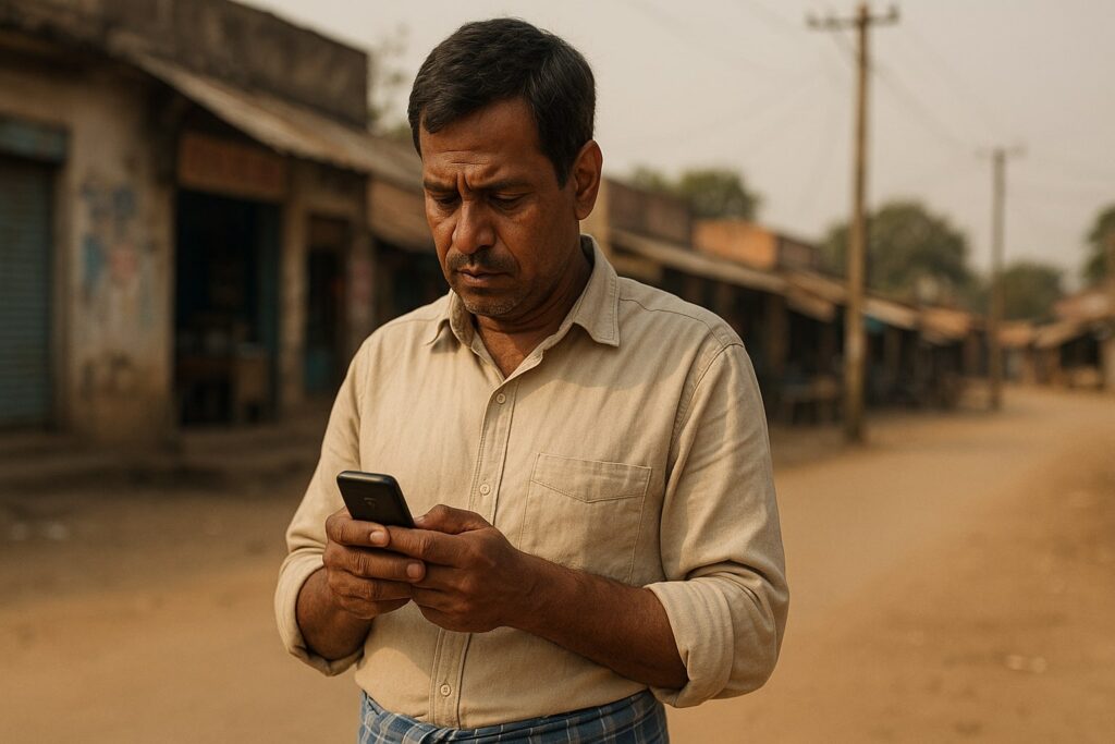 Man standing outdoors in a rural area, focused on his phone.